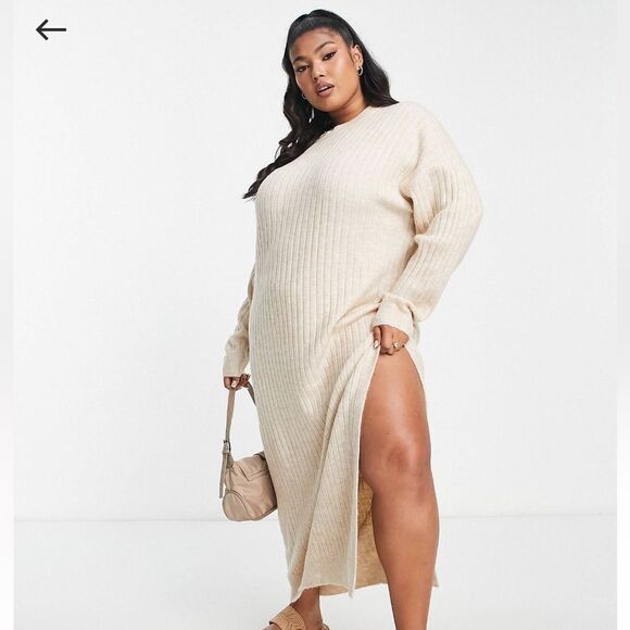 ASOS DESIGN Curve Knitted maxi dress with side split in wide rib in oatmeal